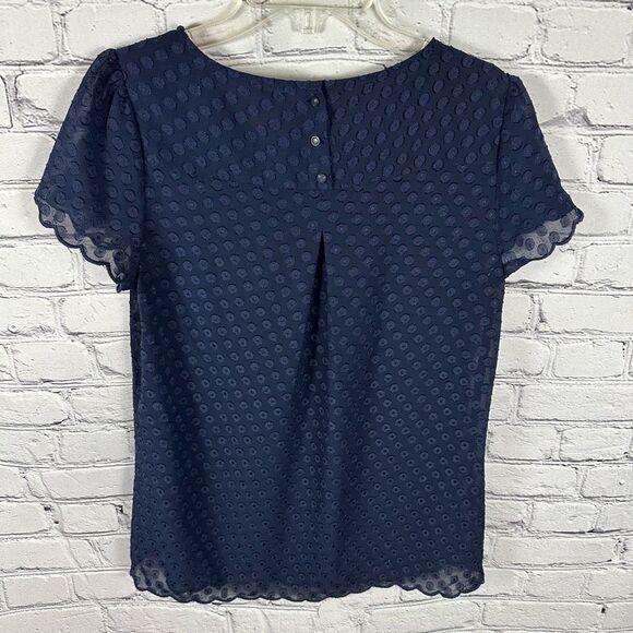 Maeve by Anthropologie Swiss Polka Dot Blouse Scalloped Hem Sheer Navy 2 - Picture 2 of 5